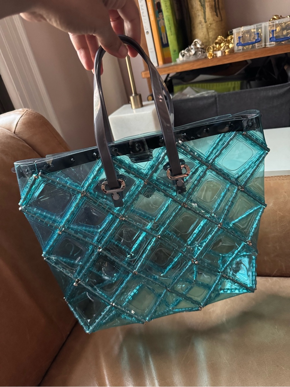 52 by Hikaru Matsumura Flat tote Japanese designer blue clear beaded tote bag